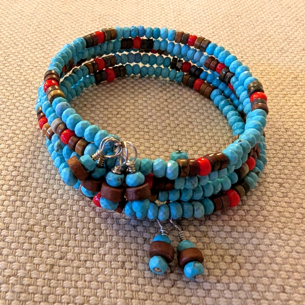 Stone and Glass Bead Coil Bracelet